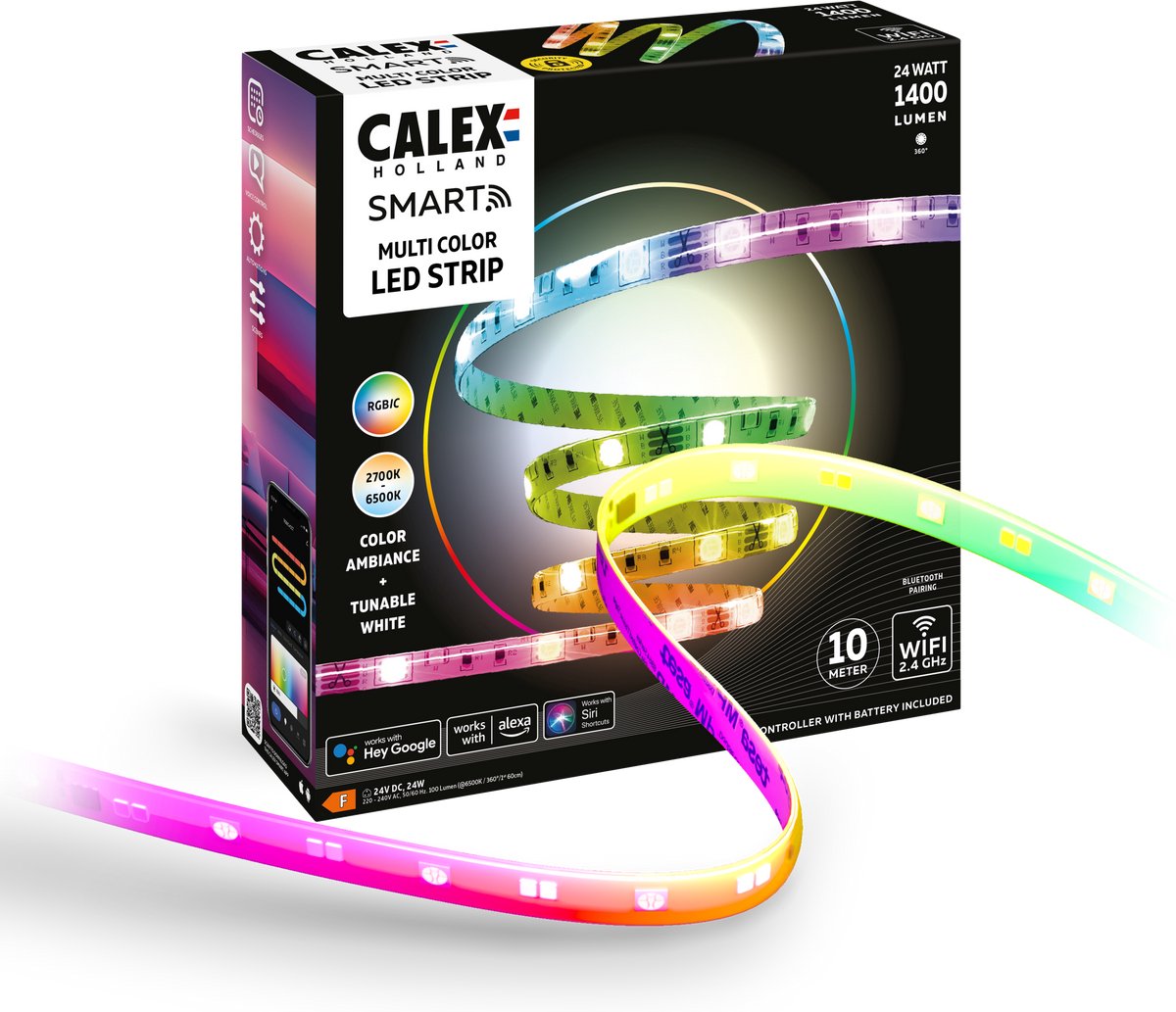 Bande LED intelligente Calex - 10 m, rgbic+cctic, contrôlable par WiFi, synchronisation de la musique, utilisation intérieure, 1400 lumens, bande lumineuse intelligente, éclairage intelligent