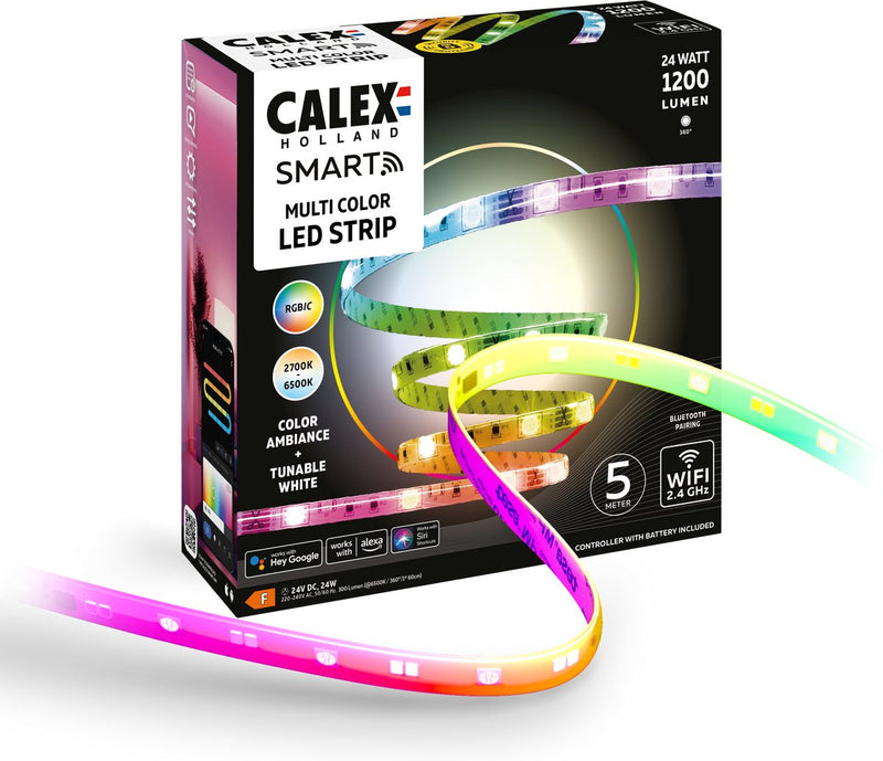 Bande LED intelligente Calex - 5 m, bande lumineuse intelligente, rgbic+cct, contrôlable par application, utilisation intérieure, 24 W