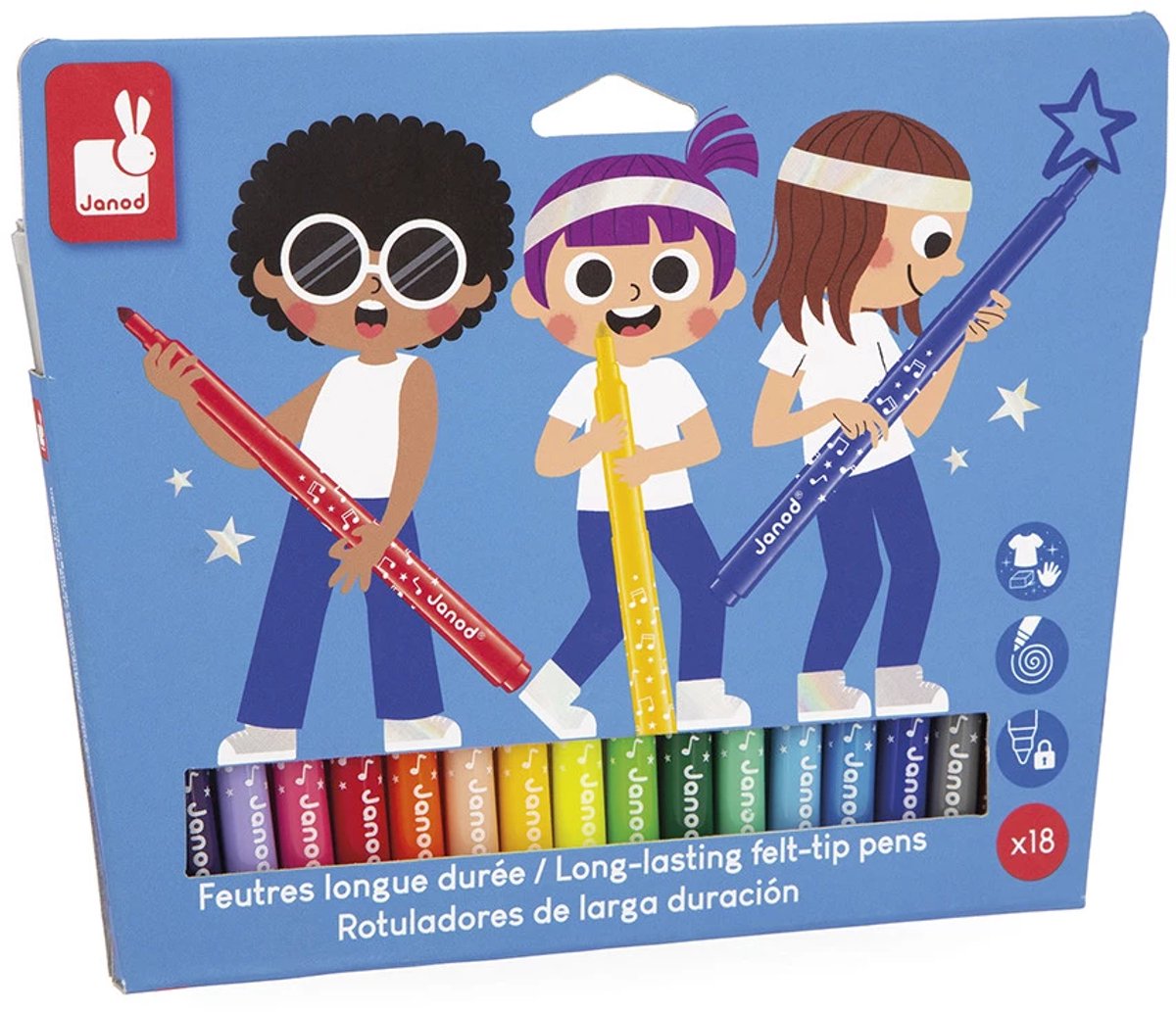 Janod - colo - feutres longue durée - coffret de 18 couleurs différentes