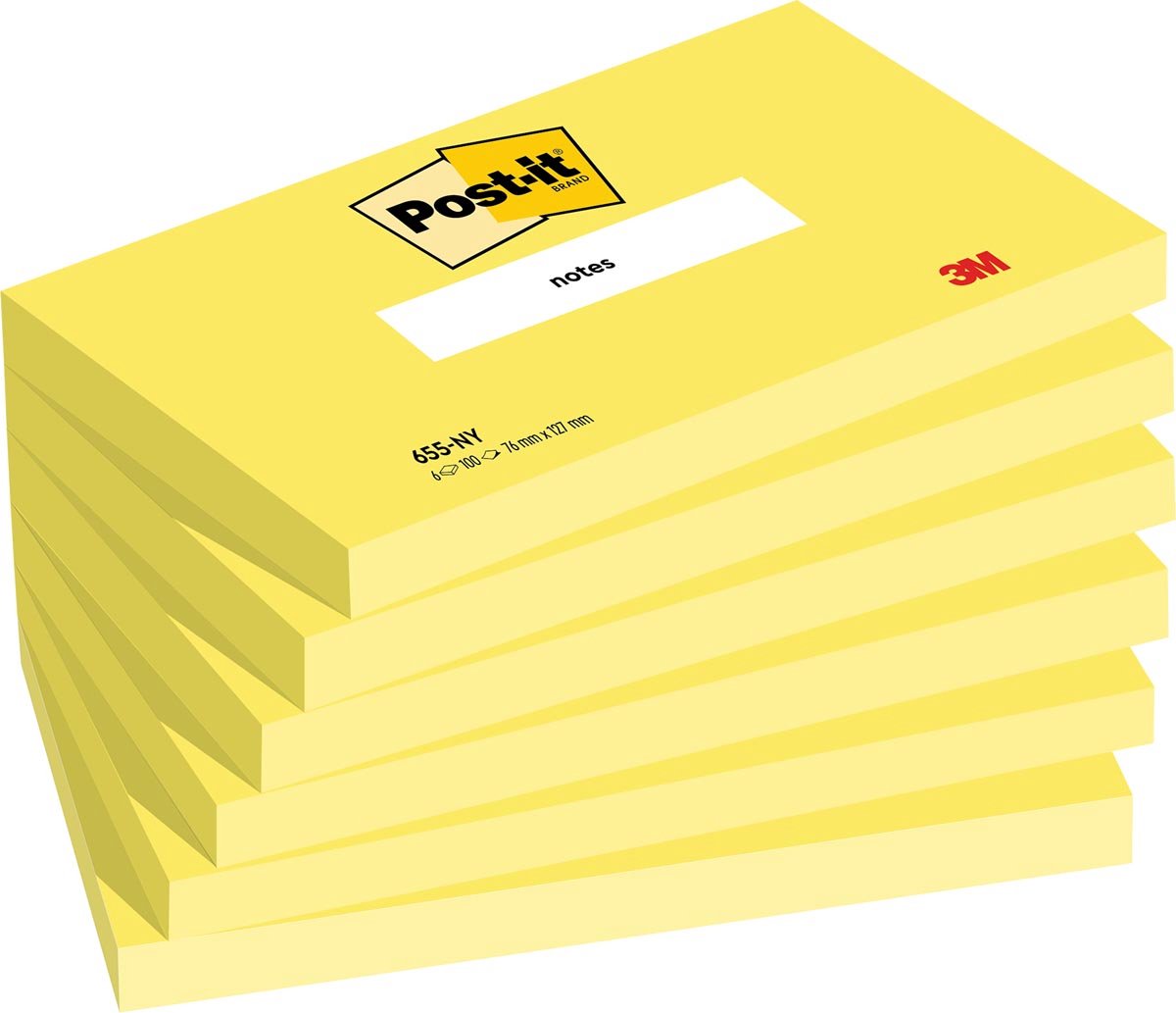 Bloc-notes Post-it 655 76x127mm 100 feuilles par bloc jaune fluo | 6 pièces
