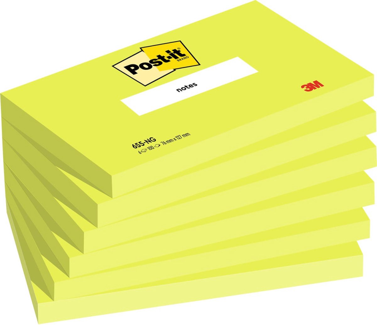 Post-it notes | 100 feuilles | pi 76 x 127 mm | vert néon | paquet de 6 blocs