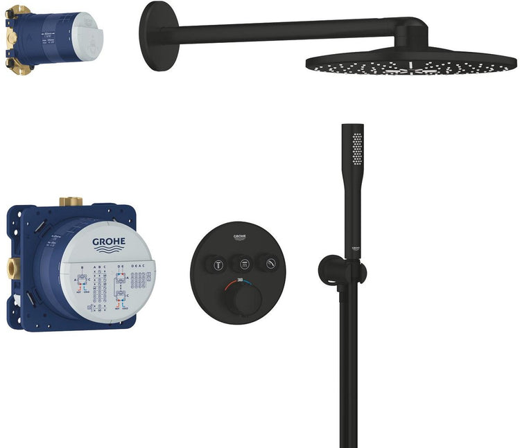 Douche à encastrer Grohe Precision Smartcontrol - avec mitigeur thermostatique - douche de tête Vitalio Smartactive 310 (2 types de jet) douchette à main Vitalio Get Stick (1 type de jet) - design rond - noir mat