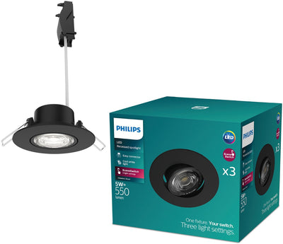 Philips LED Spot encastrable Philips Cilantro - technologie d'éclairage à interrupteur de scène - 5w - lumière blanc froid : 4000k - noir - pack de 3