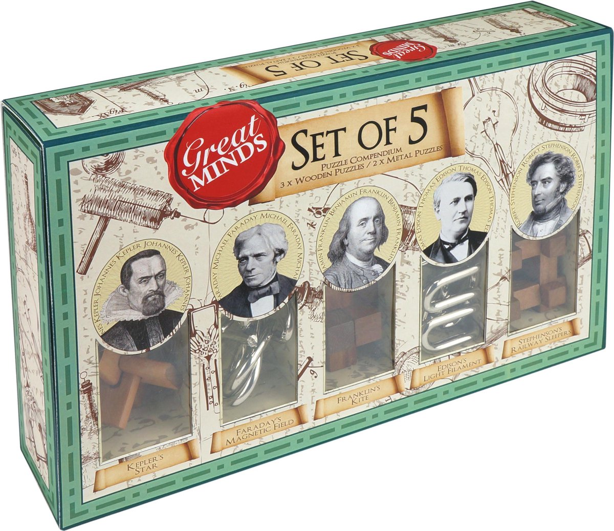 Ensemble de puzzle Professeur Puzzle Asmodee - Casse-tête de 5 pièces en bois et métal des grands esprits.
