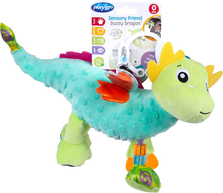 Peluche d'activité sensorielle Playgro Dusty le dragon - jouets bébé - jouets 1 an - jouet à suspendre