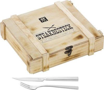 Ensemble de couverts à steak Zwilling - 12 pièces - dans une boîte en bois rustique - acier inoxydable