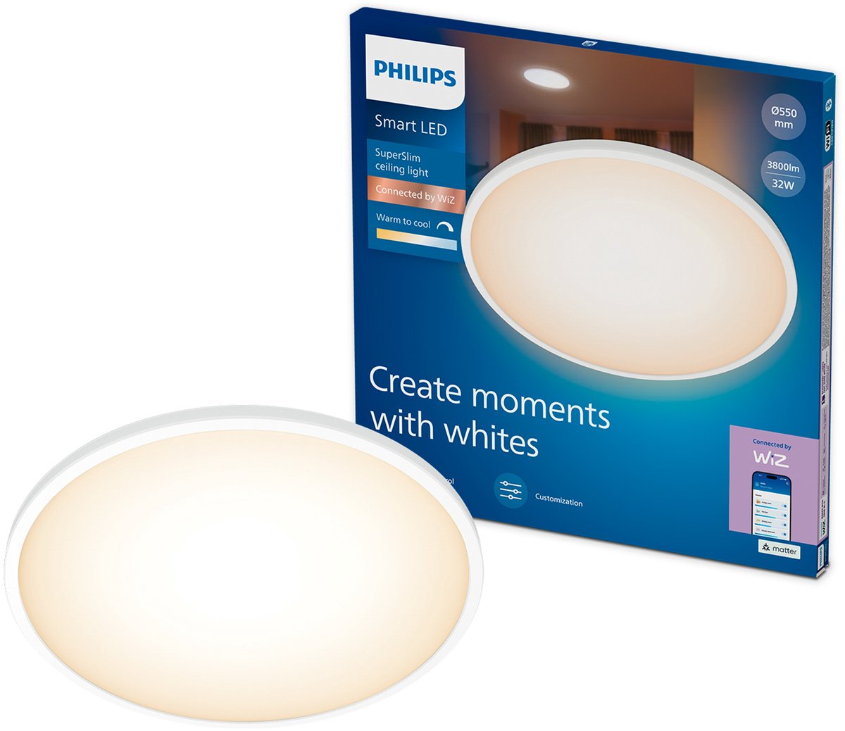 Philips Lighting philips smart Lighting - plafonnier super fin - lumière blanche chaude à froide - dimmable - diamètre : 55cm - blanc - 32w - rond - fonctionne avec l'application wiz - wifi