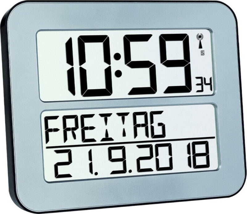 Tfa dostmann 60.4512.54 - horloge - numérique - radiocommandée - 7 langues - deuxième heure - alarme - snooze - LCD - couleur argent