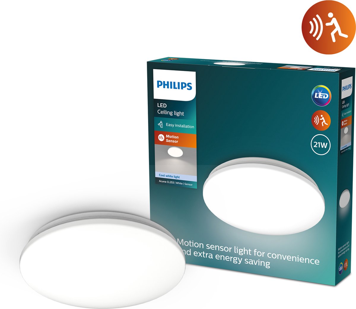 Philips LED Plafonnier Philips Acuna - 21W - lumière blanche brillante - détecteur de mouvement intégré