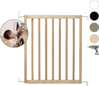 Barrière d'escalier Geuther - Barrière de sécurité Maya - Barrière d'escalier extensible en bois - Barrière à vis avec perceuses - Barrière de sécurité avec fixation murale - Eco - de 63,5 à 105,5 cm