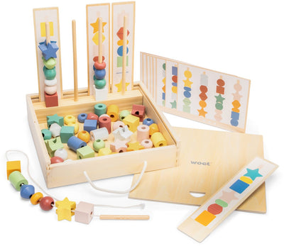 Jeu séquentiel de perles en bois Woet ® - jeu de tri et d'enfilage avec fiches de devoirs dans boîte de rangement - jouets éducatifs Montessori - FSC - à partir de 3 ans