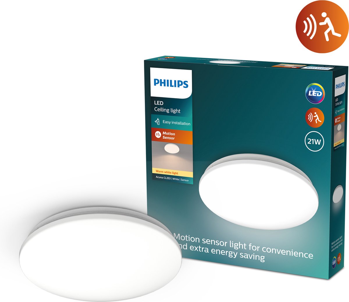 Philips LED Plafonnier Philips Acuna - 21W - lumière blanc chaud - détecteur de mouvement intégré