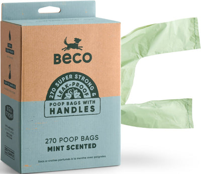 Sacs à crottes de chien durables Beco en plastique recyclé avec parfum et poignée à la menthe - 270 sacs