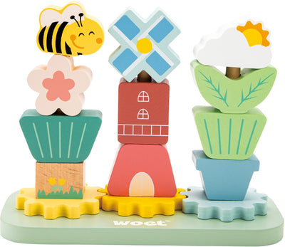 Jardin de jeux à empiler en bois Woet ® – Tour à empiler avec fleurs et engrenages – Jouets éducatifs certifiés FSC – Jouets à empiler à partir de 1 an