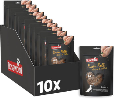 Rouleaux de sushi au bois de rose goberge au poulet - snack pour chien - collation douce et réconfortante au poisson de poulet - sans céréales - sans additifs artificiels - 10 sachets de 100 g