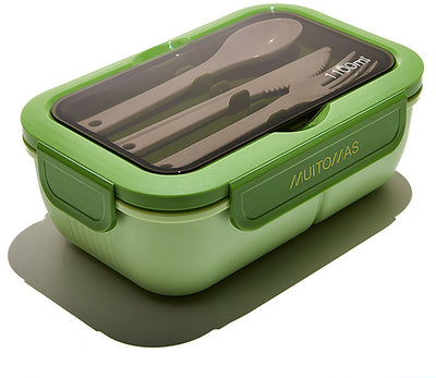 Boîte à lunch Muitomas - 1,1 litre - 3 compartiments - passe au micro-ondes et au lave-vaisselle - couverts inclus - vert