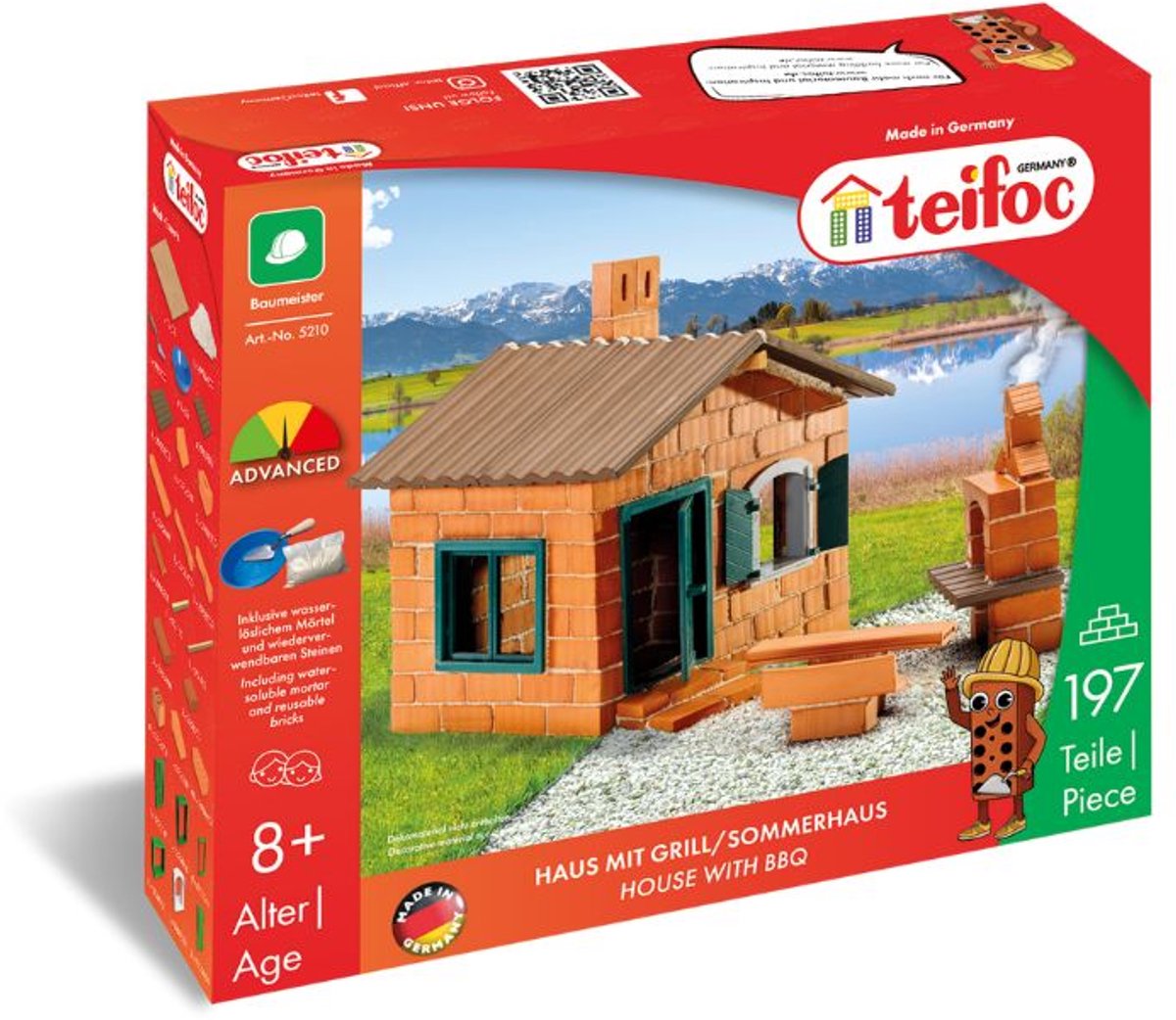 Kit de construction Teifoc ® - Maison avec barbecue - 197 pièces - Véritables mini briques avec ciment, bol et truelle - Kit de construction pour enfants à partir de 6 ans