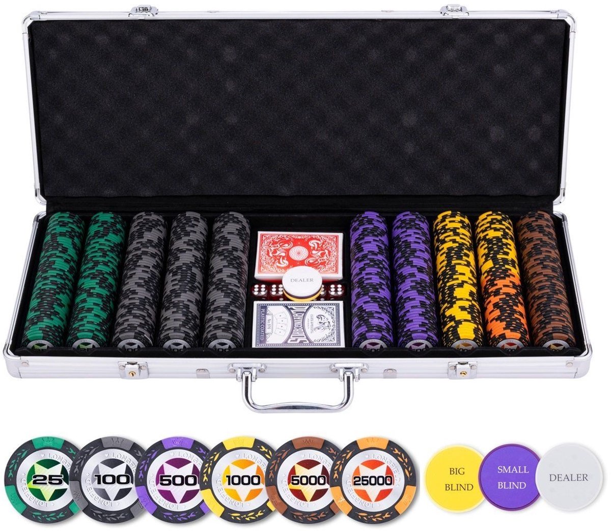 Set de poker dans un coffret en argent - mise élevée 500 jetons 14gr.
