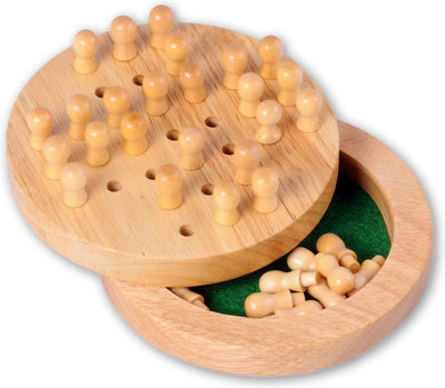 Engelhart Solitaire Mini – Bois d'hévéa – avec couvercle – Format voyage ø 12 cm – Jeu de société solitaire en bois – Jeu de réflexion compact pour les déplacements –