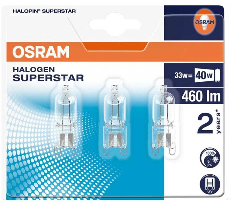 Osram eco halogène halopin g9 33w = 40w - 230v - 460 lumen - 2800k blanc chaud - dimmable - 3 pièces