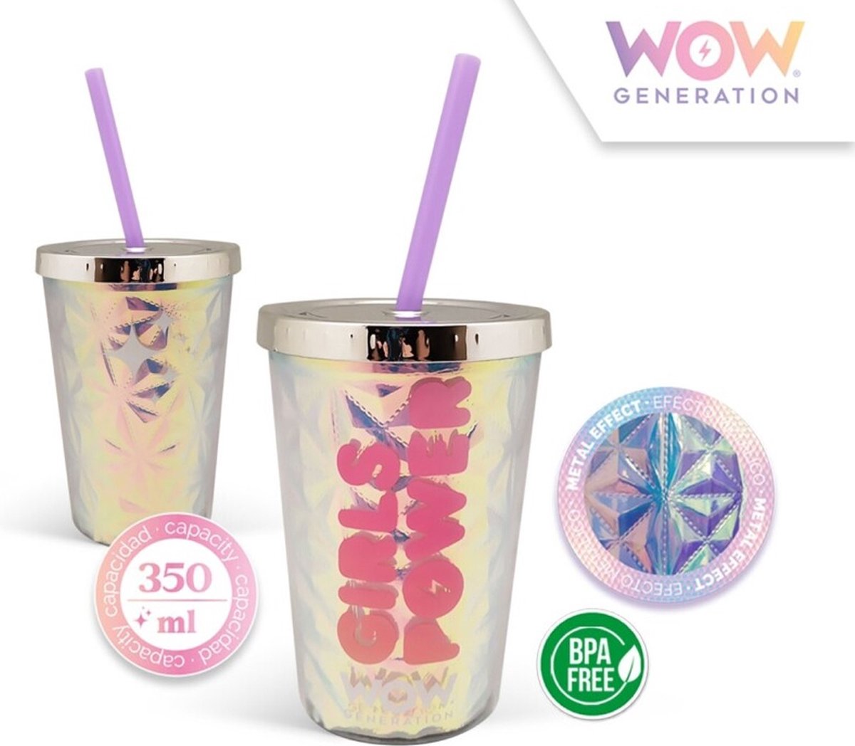 Gobelet diamant avec paille Wow génération - effet métal - gobelet pour filles - 350 ml.