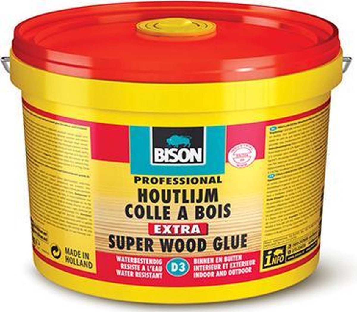 Colle à bois Bison seau supplémentaire de 5 kg, colle à bois de haute qualité, pour l'intérieur et l'extérieur, sèche transparente, plus résistante que le bois, sans solvants, d3, plus résistante que le bois