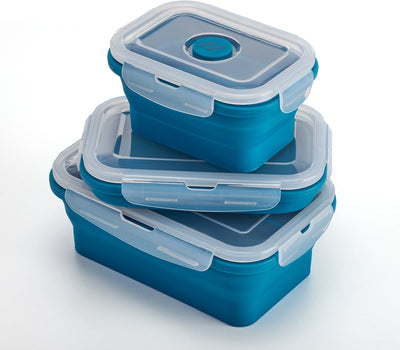 Coffret repas Muitomas - 3 pièces - silicone - pliable - avec couvercle - passe au micro-ondes, au lave-vaisselle et au congélateur - bleu