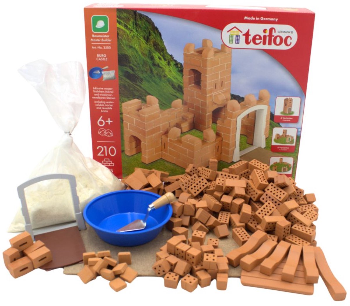 Coffret de construction Teifoc ® – Jeu de construction de château – 200 pièces – Véritables mini briques avec ciment, bol et truelle – Kit de construction pour enfants à partir de 6 ans