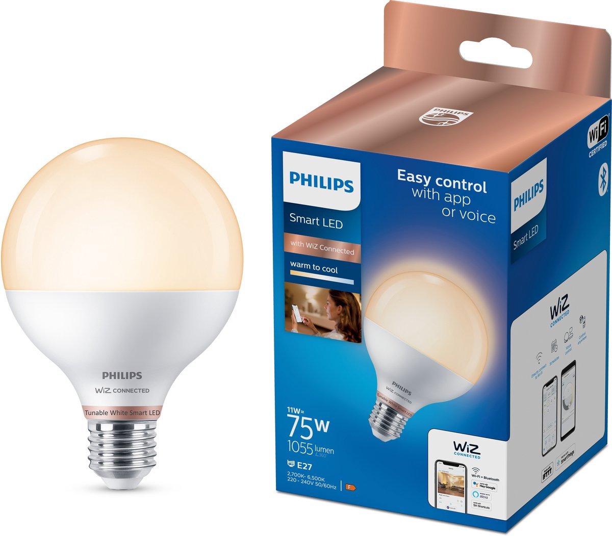 Philips Lighting philips smart Lighting - globe - éclairage LED intelligent - lumière blanche chaude à froide - e27 - 75w - mat - wi-fi