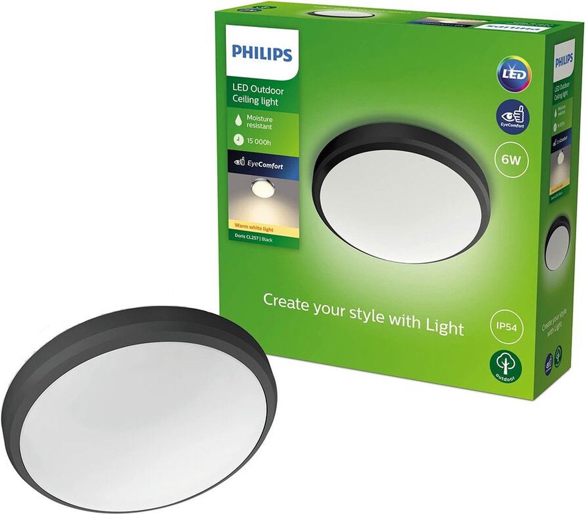 Philips LED Doris Plafond 6W 27K Noir IP54 HV