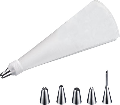 Seringue de décoration Westmark, set de garniture avec poche à douille, avec pièce intermédiaire et 5 douilles, 7 pièces, longueur : env. 40 cm, acier inoxydable coton enduit, poignée maxi, argent blanc, 30992260