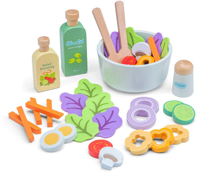Woet ® set à salade en bois - fabriquez votre propre set de jeu à salade avec plus de 30 accessoires - jeu de rôle nourriture - jouets de cuisine éducatifs - à partir de 3 ans