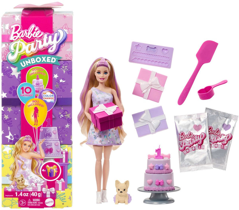 Barbie party unboxed 2 1 poupée avec robe rose clair