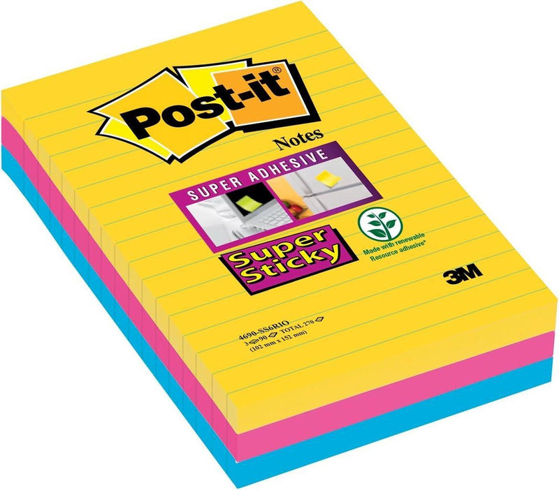 Notes super collantes post-it 101x152 mm jaune bleu rose