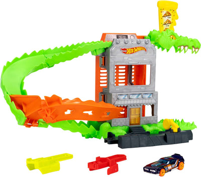 Hot Wheels City Crocodile Pizza Attack - ensemble de jeu et voiture jouet - adapté au système de piste à clic rapide