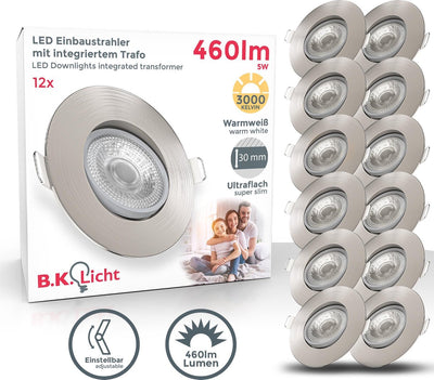 B.K. light - spots encastrables LED - 12 pièces - spots inclinables - rond - ø9cm - lumière blanc chaud 3 000k - 460lm - 5w - nickel