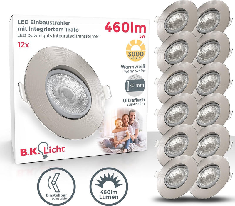 B.K. light - spots encastrables LED - 12 pièces - spots inclinables - rond - ø9cm - lumière blanc chaud 3 000k - 460lm - 5w - nickel