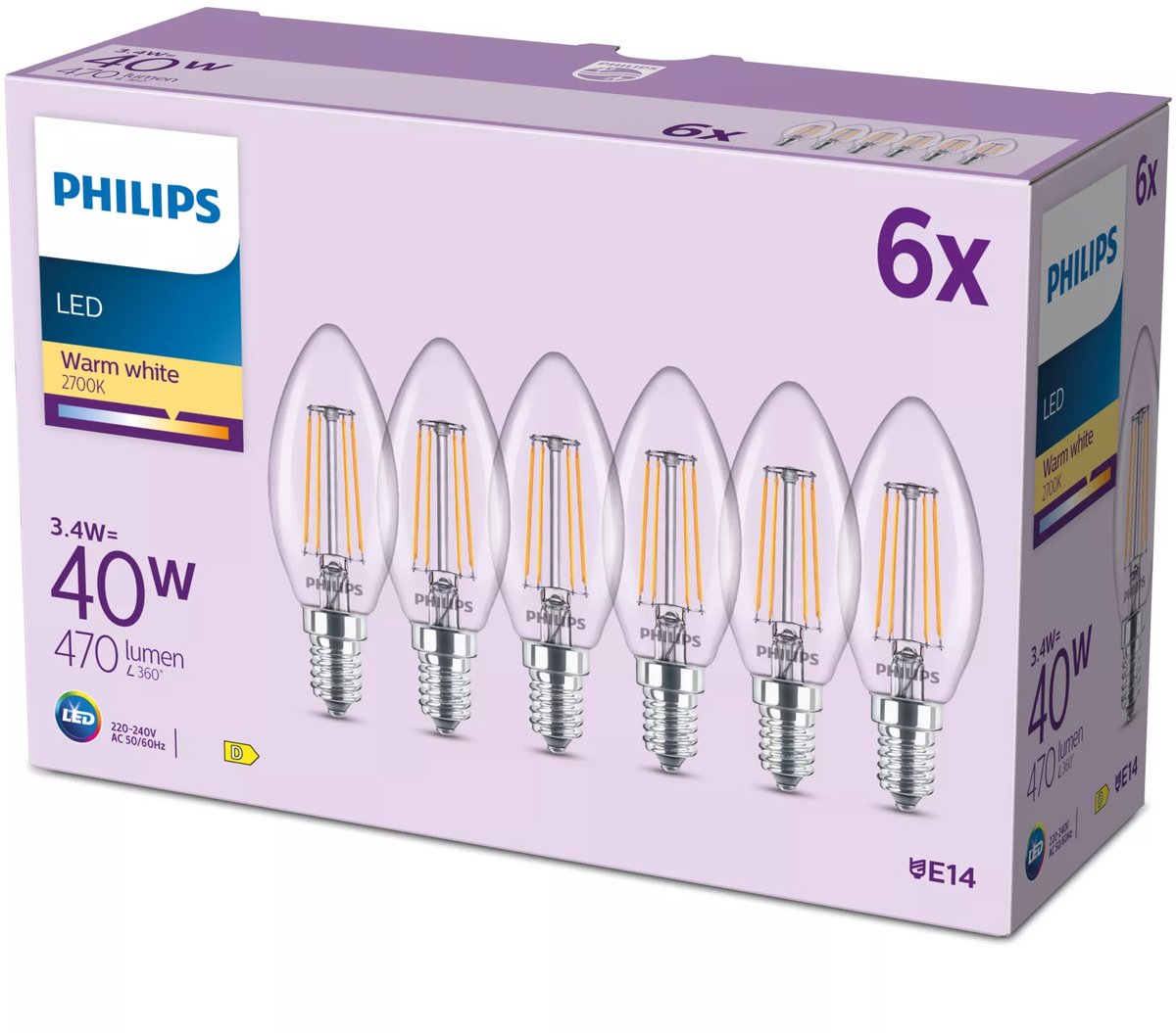 Lampe bougie à filament Philips transparente 40w b35 e14 x6