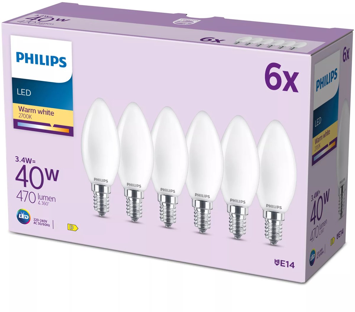 Lampe bougie à filament Philips mate 40w b35 e14 x6