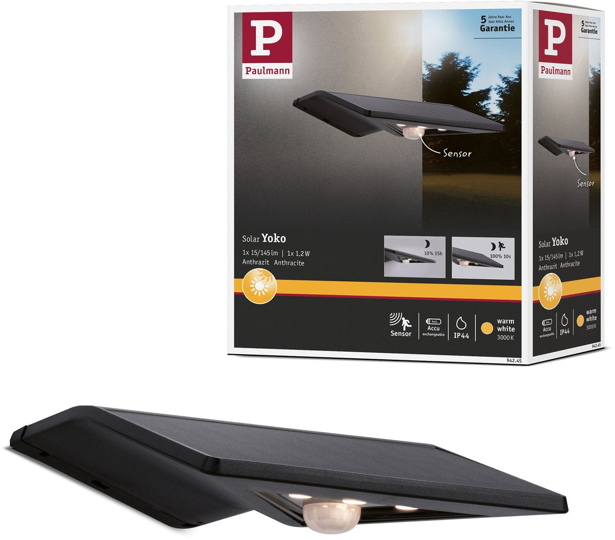 Paulmann éclairage solaire de numéro de maison LED Yoko détecteur de mouvement crépusculaire (IR) IP44 3000K 42lm anthracite