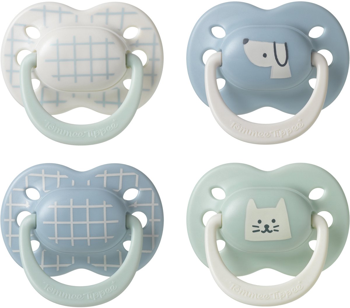 Sucette Tommee Tippee Ultimate Fit - 0-6 mois - 4 pièces - Sucette symétrique orthodontique pour bébé - Silicone 100% sans BPA - Déco bleue
