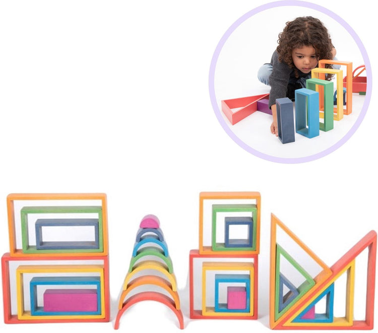 Tickit ensemble de jeu et d'apprentissage d'architecte arc-en-ciel - 28 formes géométriques en bois - jouets éducatifs et créatifs