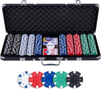 Set de poker Engelhart 500 jetons (11,5 grammes) dans un étui noir – avec 2 jeux de cartes à jouer, 5 dés et boutons de croupier