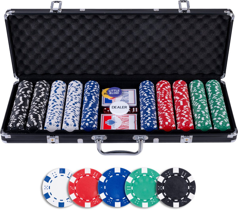 Set de poker Engelhart 500 jetons (11,5 grammes) dans un étui noir – avec 2 jeux de cartes à jouer, 5 dés et boutons de croupier