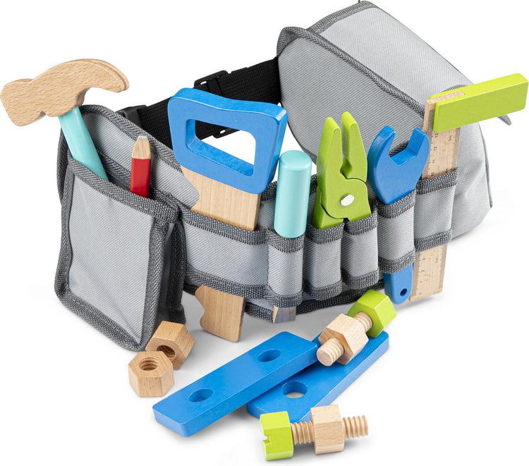 Woet ® ceinture à outils bleue - jouet en bois - ensemble d'outils avec 16 pièces - jeu de rôle éducatif pour les enfants - à partir de 3 ans