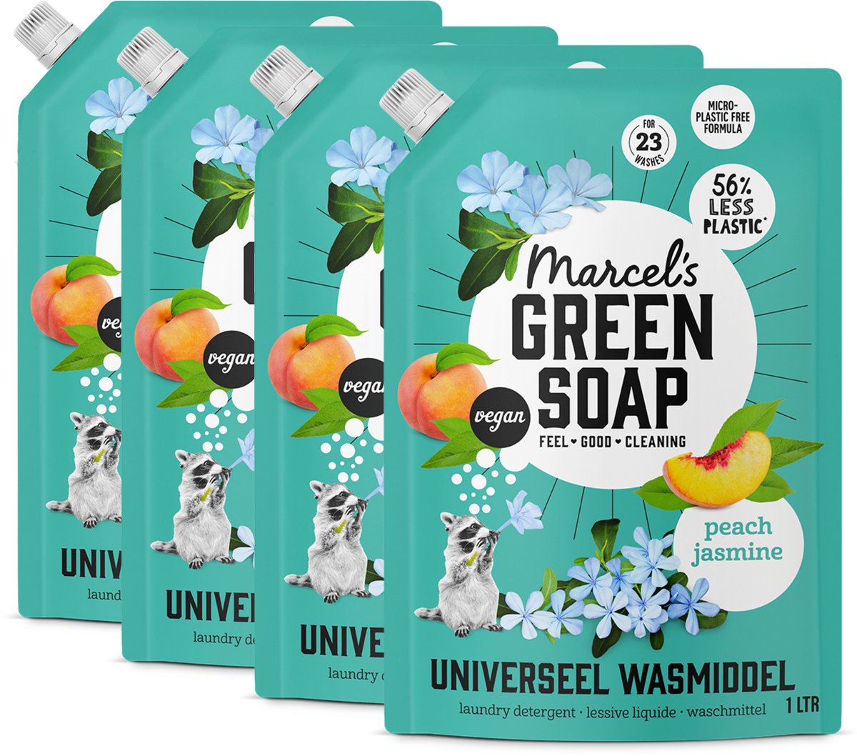 Recharge lessive couleur savon vert Marcel's - pêche jasmin - 4 x 1l - 92 lavages