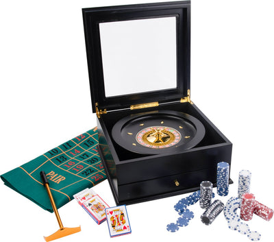 Jeu de roulette Engelhart complet - boîte à roulette 36 cm avec tapis 130 x 90 cm - râteau de croupier 200 jetons - luxueuse boîte de rangement en bois noir - jeu de casino pour la maison -