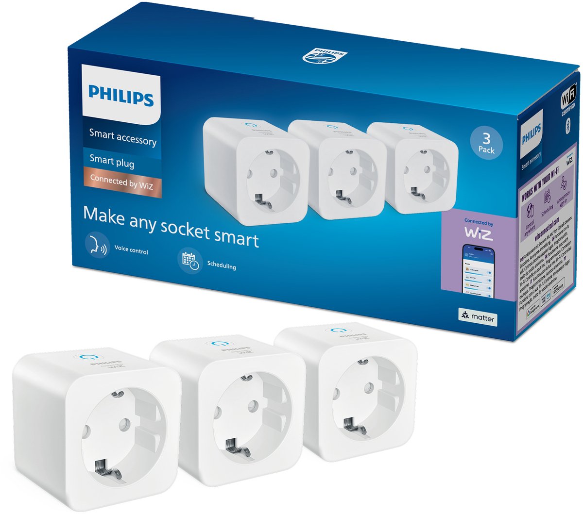 Philips Lighting Philips Smart Lighting - Prise intelligente - Pack de 3 - Rendre d'autres appareils intelligents - Prise type F - Blanc - Fonctionne avec l'application Wiz - Wifi