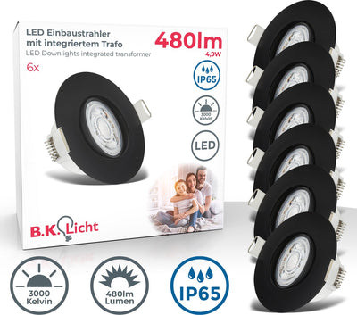 B.K.licht - Spots encastrés LED pour salle de bain - noir - lot de 6 - éclairage de salle de bain - IP65 - inclinable - 9 x 4,2 cm (PxH)