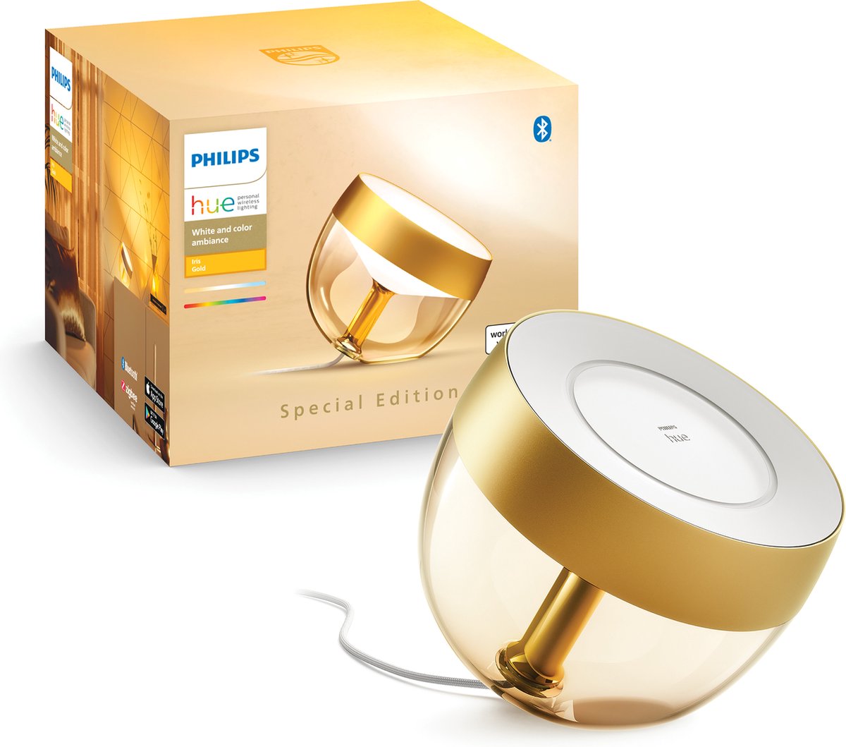 Lampe de table Philips hue iris - lumière blanche et colorée - or